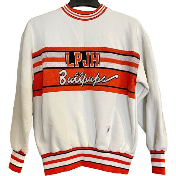 Vintage 80s Orange & White Cheerleader Uniform Crewneck Sweater LPJH Bullpups - Picture 1 of 16